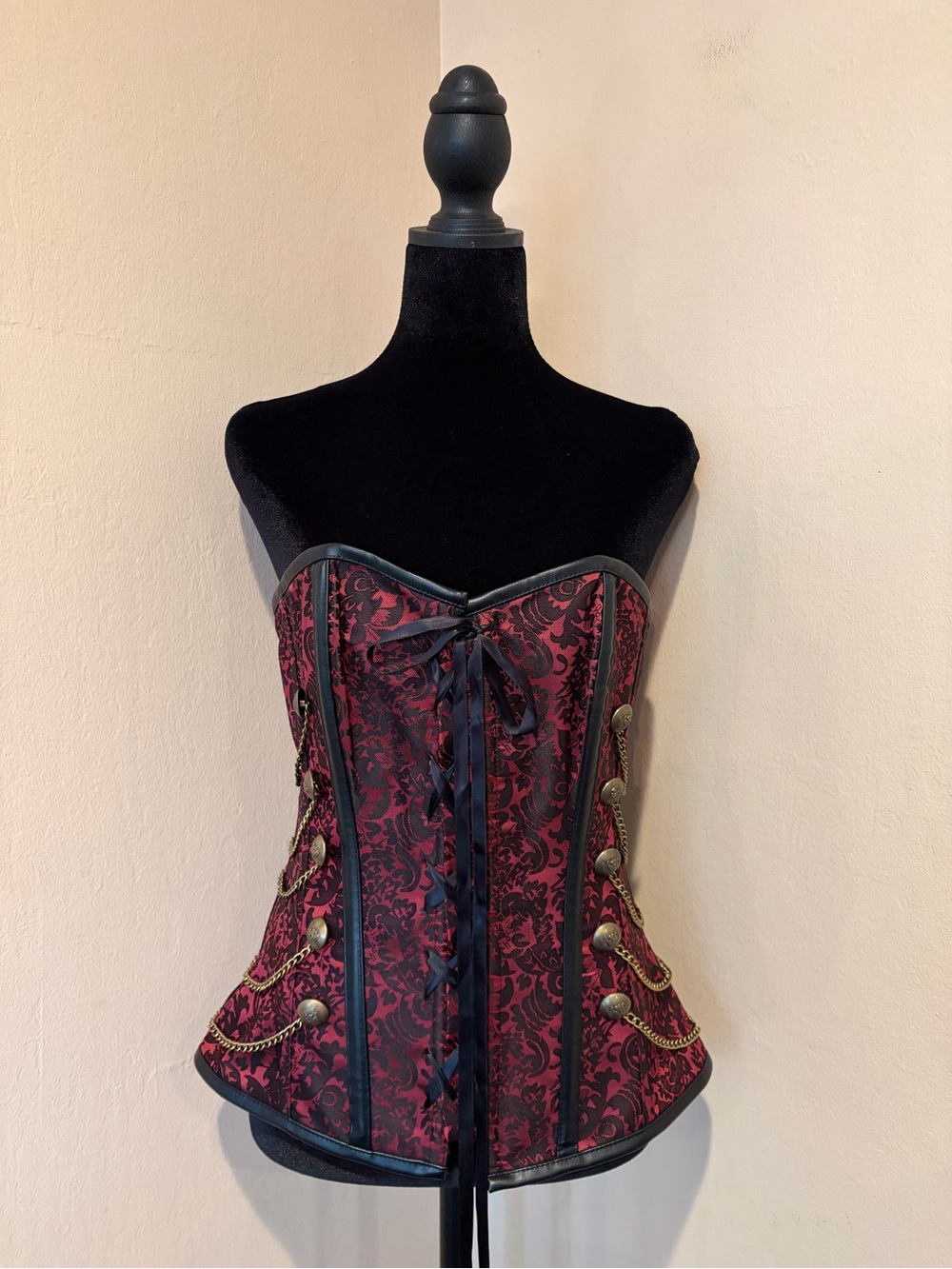 Vampire Empress Deep Red & Black Brocade Lace-Up Waist Cincher Corset, size L